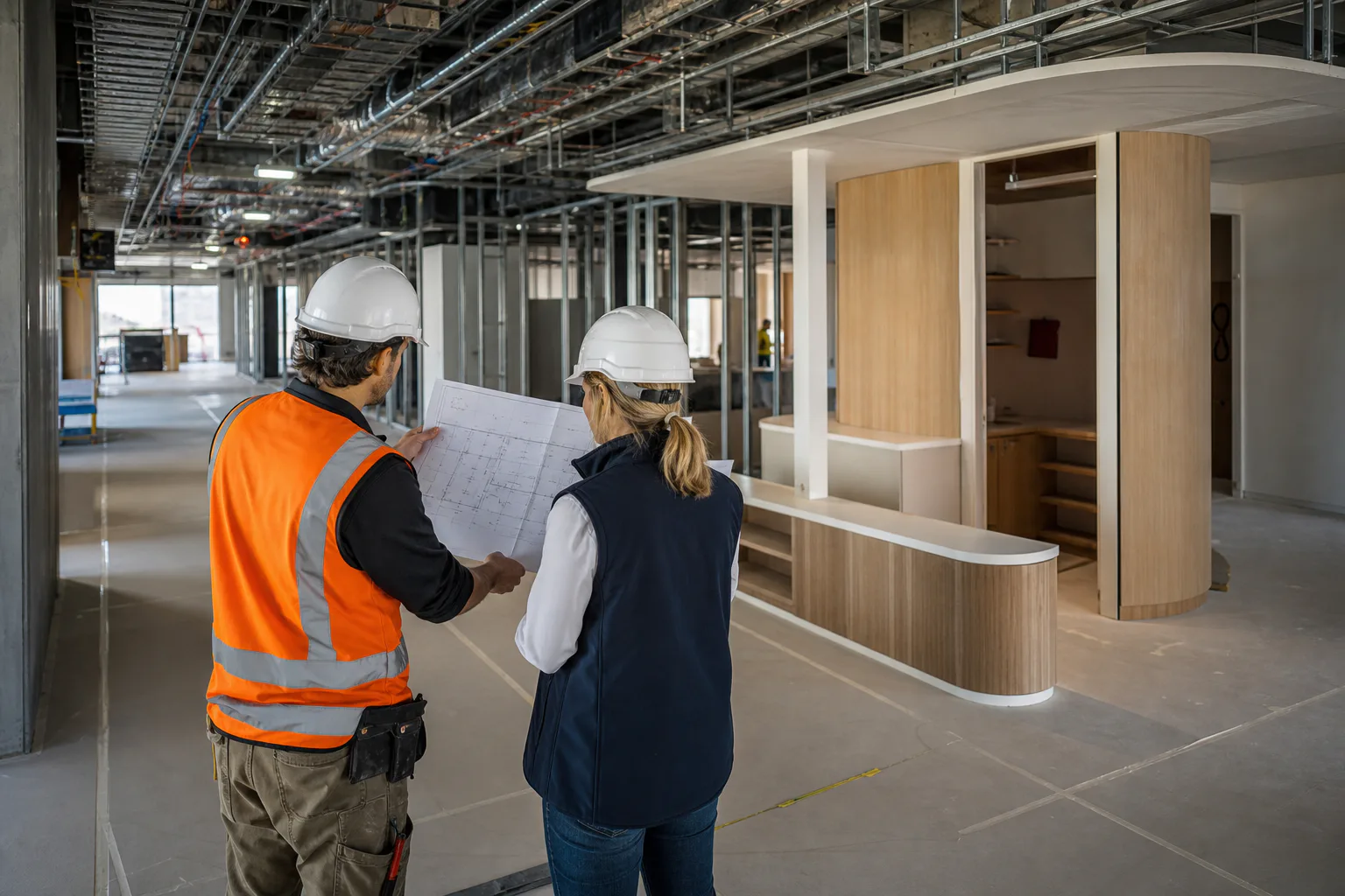 A site supervisor and project co-ordinator reviewing plans inside a commercial fitout